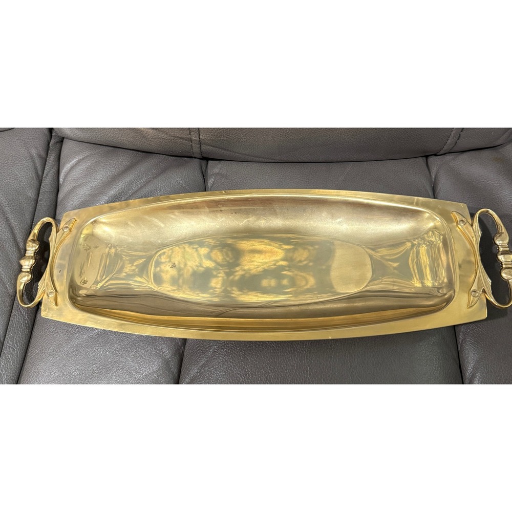 Vintage Kromex Brass Tone Serving‎ Tray Mid Century Modern Scrolled Handles USA